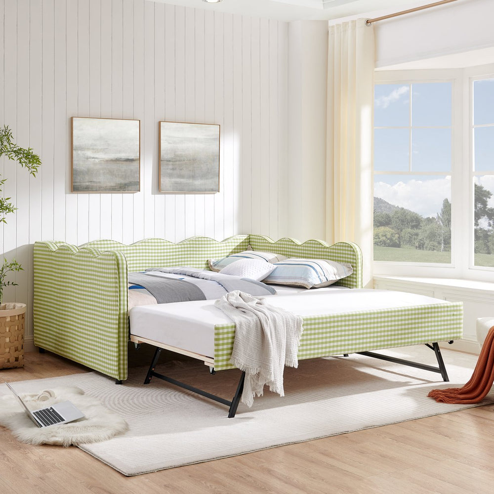 English Elm Full Size Gingham Linen Daybed with Wave Backrest Trundle and Usb Charging Port Green W1413S00139