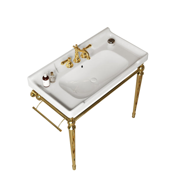 English Elm VICI 36" Bathroom Console Sink with Integrated Ceramic Basin, 3-Hole Faucet, Stainless Legs & Towel Bar Gold,White W2615S00105