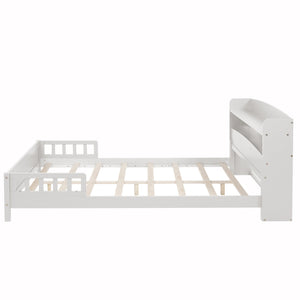 English Elm Full Pine Wood Bed with Bookcase Headboard and LED Motion Sensor Light, Guardrails & Storage Space White W504P277600