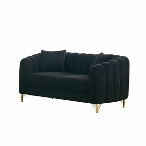 English Elm 63" Chenille Loveseat Sofa Luxury 2-Seater Deep Tufted Couch with Gold Metal Legs and Pillows Black W3373S00037