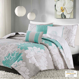 English Elm 6 Piece Printed Cotton Quilt Set with Embroidered Decorative Pillows OEKO-TEX Reversible Floral design for Full/Queen Aqua 22.83 L x 18.11 W x 11.42 H B03597445