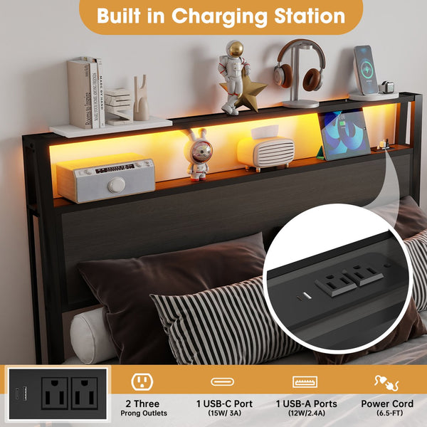 English Elm Queen Metal Platform Bed with Rgb Led Headboard Charging Station and Underbed Storage Dark Grey T3963P483958