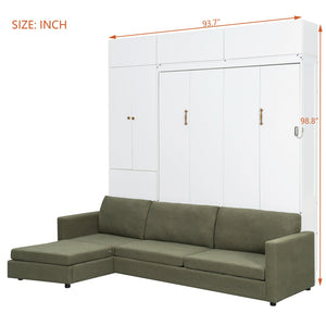 English Elm Queen Murphy Bed with L-shaped Velvet Sofa Storage Cabinets for Studio Living White LP000765AAG-1