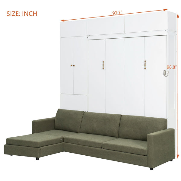 English Elm Queen Murphy Bed with L-shaped Velvet Sofa Storage Cabinets for Studio Living White LP000765AAG-1