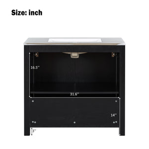 English Elm 36" Bathroom Vanity Organizer with Ceramic Sink, Solid Wood Distressed Finish, Hand-Painted Charm and Ample Storage Espresso N729P255666P