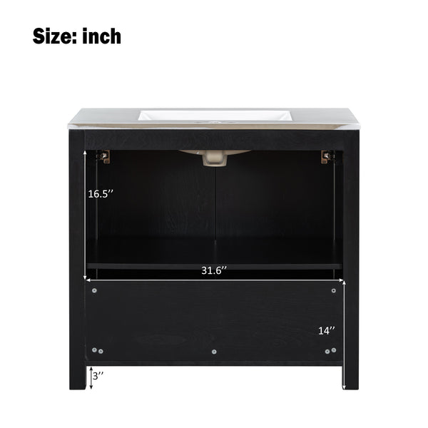 English Elm 36" Bathroom Vanity Organizer with Ceramic Sink, Solid Wood Distressed Finish, Hand-Painted Charm and Ample Storage Espresso N729P255666P