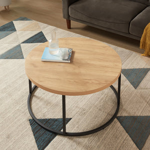 English Elm 31.5" Round Oak Finish Coffee Table Matte Black Steel Base for Modern Living Rooms Oak W3151P352763