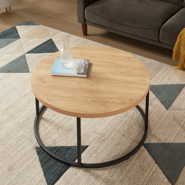 English Elm 31.5" Round Oak Finish Coffee Table Matte Black Steel Base for Modern Living Rooms Oak W3151P352763