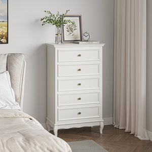 English Elm 5 Drawer Modern Dresser with Tapered Wood Legs Fluted Panels and Painted White Finish B082P232950