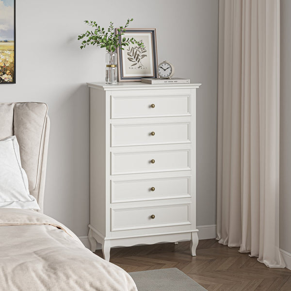 English Elm 5 Drawer Modern Dresser with Tapered Wood Legs Fluted Panels and Painted White Finish B082P232950