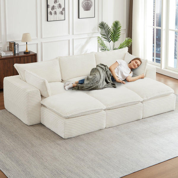 English Elm Cloud Corduroy Sectional Sofa Plush Modular L-shape with Ottoman for Living Room W2339S00139