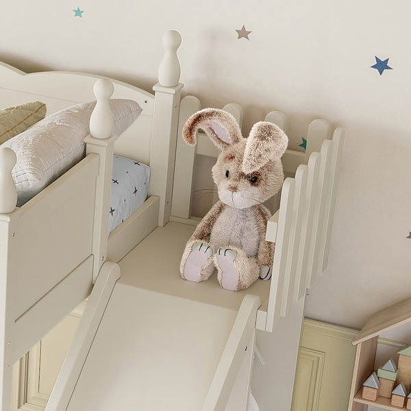 English Elm Twin Loft Bed Solid Pine Frame with Wardrobe Shelving Detachable Slide Kids Room Beige W5305S00018