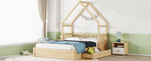 English Elm Wood Queen Size House Platform Bed with Guardrail and 2 Drawers — Charming Kids’ Playful Storage Bedframe Natural GX000726AAN