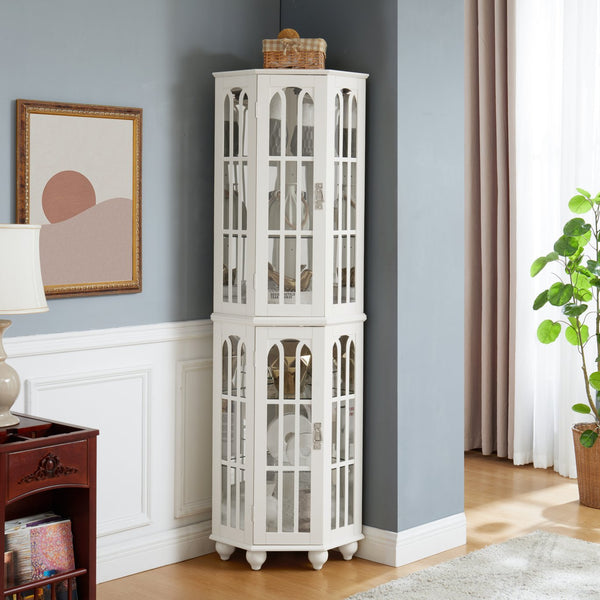 English Elm Corner Curio Cabinet with 6 Shelves, Tempered Glass Display, Built-In Lighting, Mirrored Back White W1693P216951