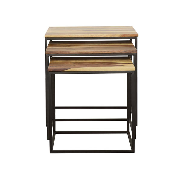 English Elm 3-piece Solid Sheesham Nesting Tables with Natural Grain Tops & Black Iron Frames for Small Spaces B016P384776