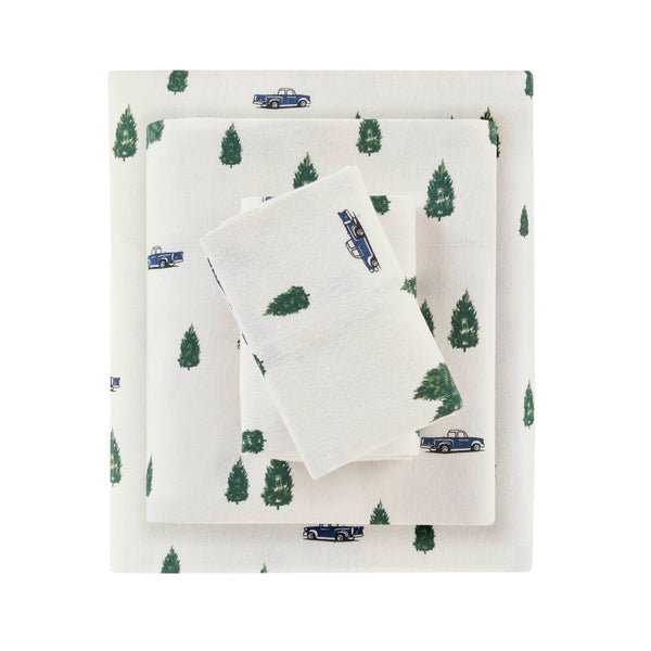 English Elm 4 Pcs King Sheet Set - Cozy Cotton Flannel With Green Trees & Trucks Design For Rustic Charm B035P319769
