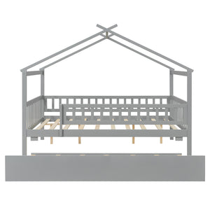 English Elm Full Size Pine House Bed with Roofline Frame and Roll Out Twin Trundle for Kids Gray LP100306AAE