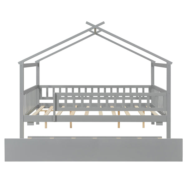 English Elm Full Size Pine House Bed with Roofline Frame and Roll Out Twin Trundle for Kids Gray LP100306AAE