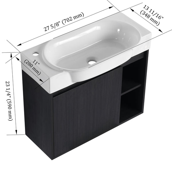 English Elm 28'' Wall-Mounted Bathroom Vanity with Glossy White Ceramic Sink, Soft-Close Doors, Water-Resistant Plywood Finish (Easy Assembly, KD Packing) W999P310767