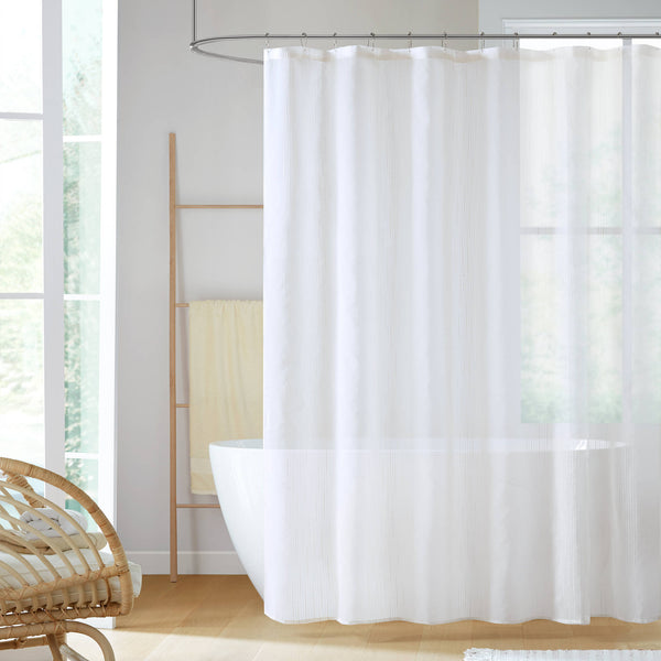 JLA Home Madison Park - Sheer Polyester Sheer Shower Curtain 72x72 in — Light-Filtering White Striped Texture, Machine Washable Privacy Option MP70-5783