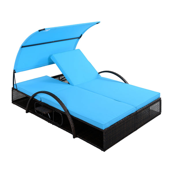 English Elm U_style Outdoor Double Sun Lounger Hdpe Wicker Steel Frame with Canopy Pop up Tables Blue WY000485AAC