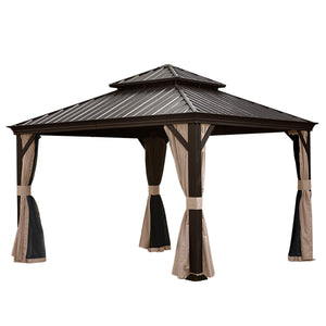English Elm 12' X 12' Hardtop Gazebo with Drainage System, Dual-Layer Galvanized Roof, Curtains & Mosquito Netting Brown W1859S00138