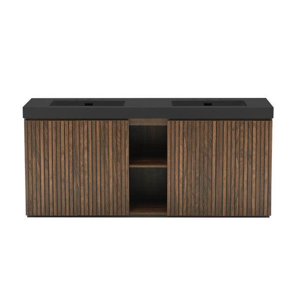 English Elm Galan 72 Inch Double Sink Vanity Fluted Wood Quartz Top Freestanding Bathroom Cabinet Walnut Brown W1865S00231