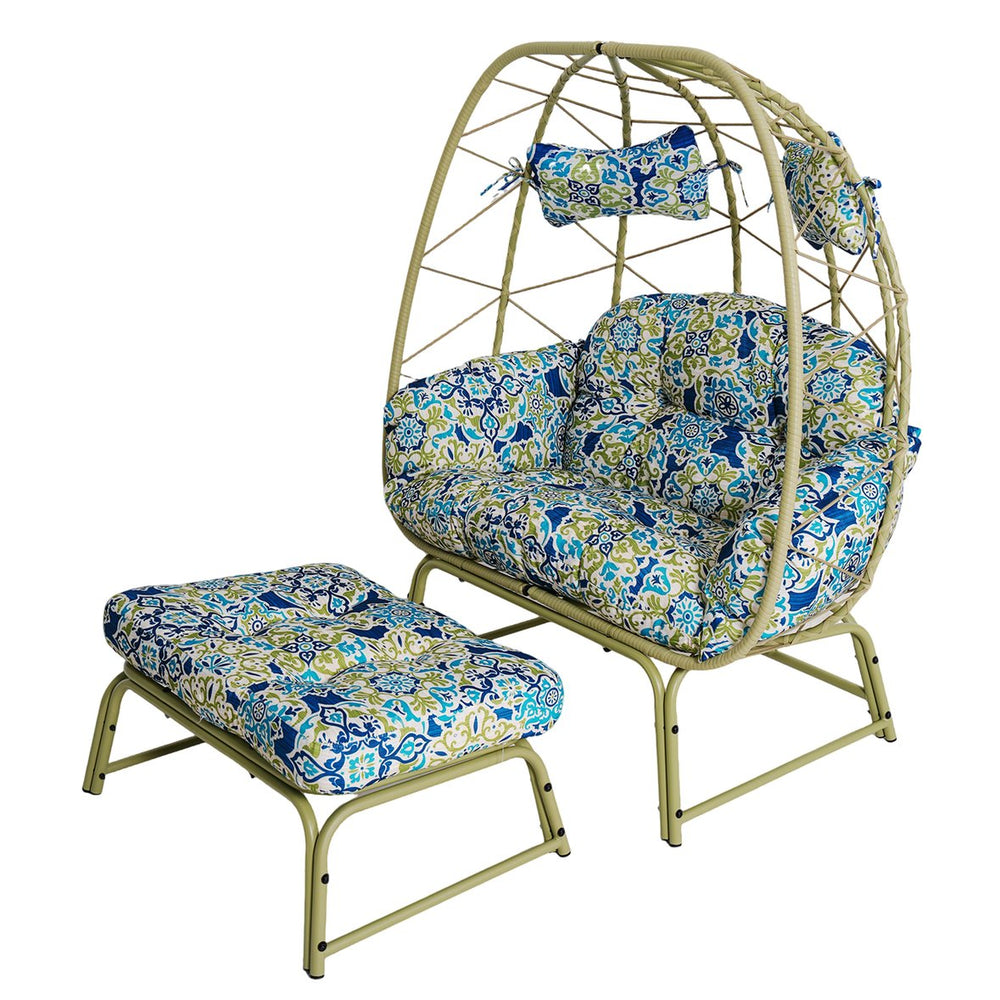 English Elm Double Wicker Egg Chair with Ottoman Bohemian Rattan Outdoor Lounge for Patio T5880P501483