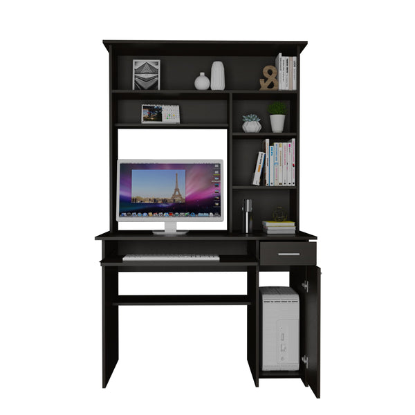 English Elm Compu 180 Hutch Desk With Shelves, Drawer & Keyboard Tray - Stylish Black Design For Small Spaces B200S00006