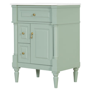 English Elm 24 Inch Freestanding Vanity with Ceramic Sink Rubberwood Frame Matte Finish Storage Green N725P356058F