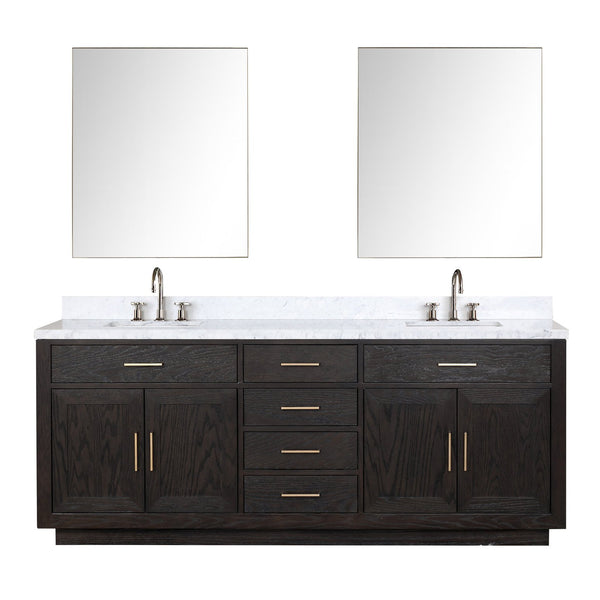 English Elm Black Oak Double Bath Vanity Set With Carrara Marble Top, Chrome Faucets & 36-Inch Mirrors Included B2731S02181