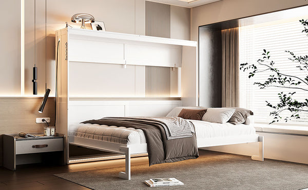 English Elm Queen-size Murphy Wall Bed with Led Ambient Lighting Usb Outlet and Graphic Panel White LP000357AAK