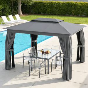 English Elm Double-roof Steel Gazebo with Upf Canopy Curtains and Mesh Panels for Outdoor Privacy Black,Dark Gray T3971P459073