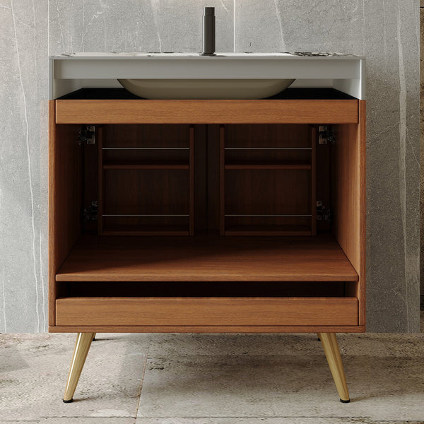 English Elm Mid-century Freestanding Bathroom Vanity Faux Marble Ceramic Sink Gold Legs Storage W3136S00067