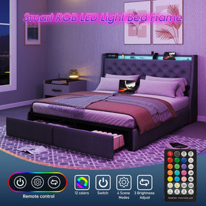 English Elm Full Linen Upholstered Bed with Led Headboard Storage Shelf and Usb Charging Port T3963P447144