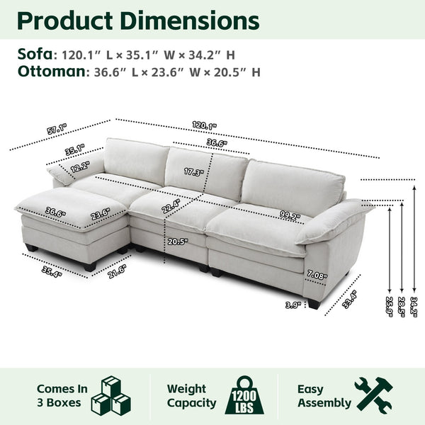 English Elm Living Room Chenille Sectional Sofa with Detachable Ottoman and Pocket Coil Cushions Beige W1097S00235