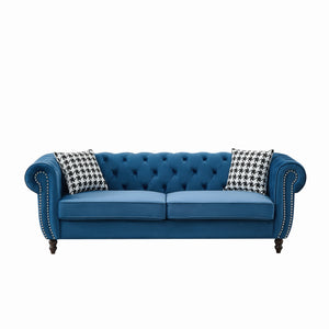 English Elm 87"Chesterfield Velvet Upholstery Sofa with Roll Armrests & Nailhead Trim, 3-Seater Luxurious Midcentury Design Blue W3373S00048