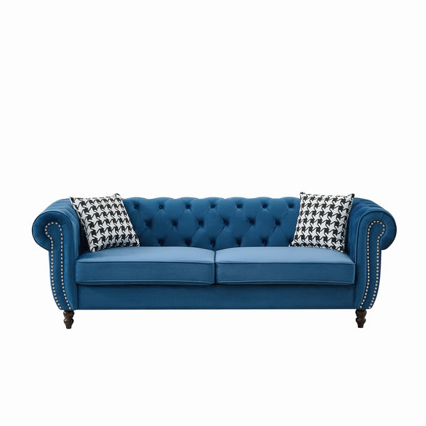 English Elm 87"Chesterfield Velvet Upholstery Sofa with Roll Armrests & Nailhead Trim, 3-Seater Luxurious Midcentury Design Blue W3373S00048