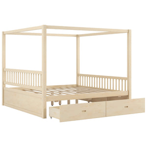 English Elm Wooden Canopy Queen Bed Solid Frame with Built-in Storage Drawers Slatted Base Natural N7090005037N