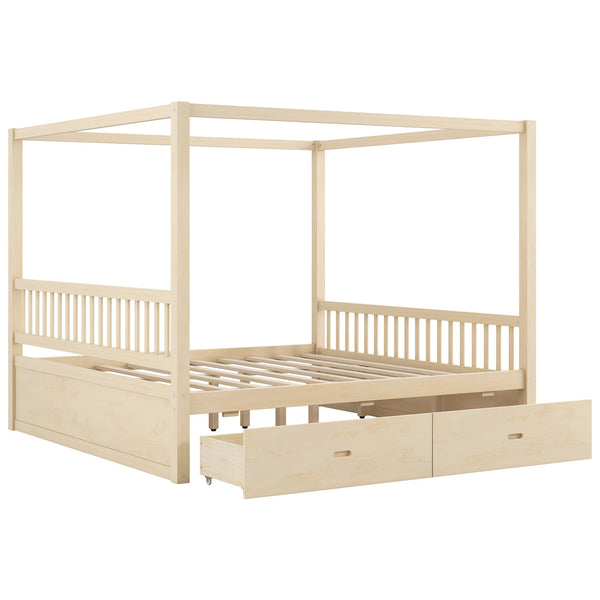 English Elm Wooden Canopy Queen Bed Solid Frame with Built-in Storage Drawers Slatted Base Natural N7090005037N