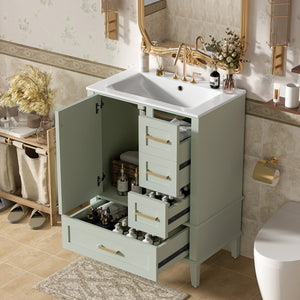 English Elm 24" Olive Bathroom Vanity Solid Wood Frame Ceramic Sink Gold Hardware Soft Close Green N729P373276F