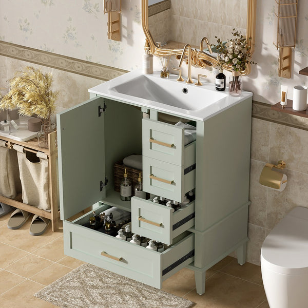 English Elm 24" Olive Bathroom Vanity Solid Wood Frame Ceramic Sink Gold Hardware Soft Close Green N729P373276F
