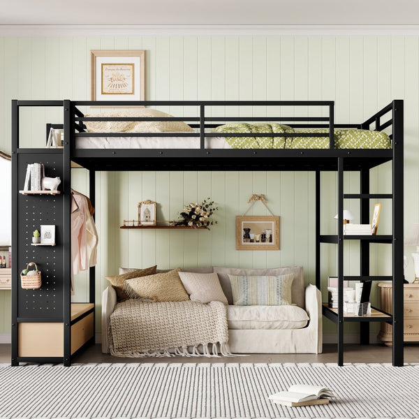 English Elm Queen Loft Bed Frame With Wardrobe & Shelves - Modern Metal Design For Space-Saving Storage & Work W1580S00233-GIGA