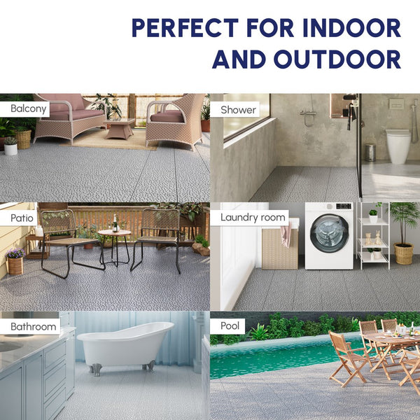 English Elm 12 Inch Interlocking Plastic Deck Tiles Pebble Stone Waterproof Outdoor Patio Pack of 60 Grey W2391P189600