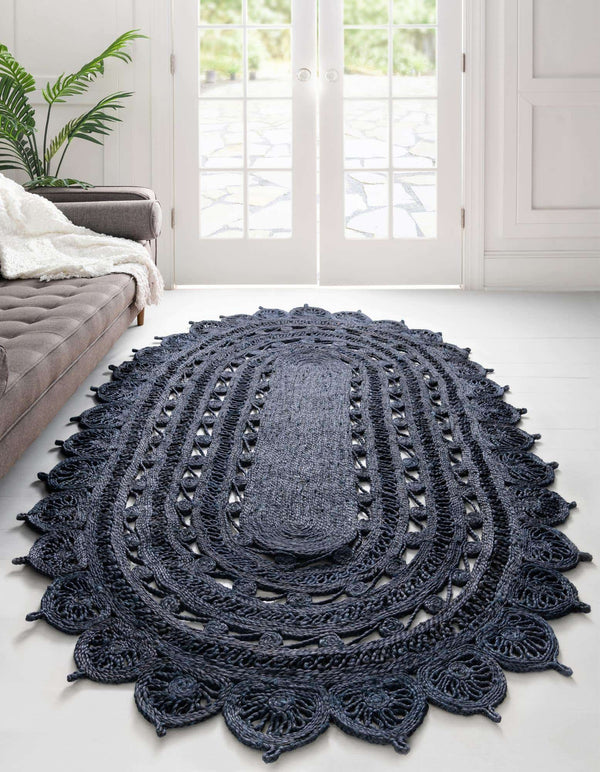 Unique Loom Braided Jute Punita Hand Braided Novelty Rug Navy Blue,  5' 1" x 8' 0"