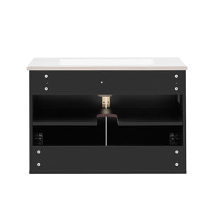 English Elm 30" Vintage Bathroom Vanity with Ceramic Sink — Wall-Mount MDF & Solid Wood Cabinet, Storage, Sleek Finish Black N710P214100B
