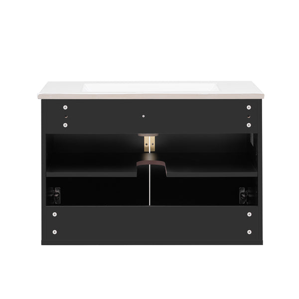 English Elm 30" Vintage Bathroom Vanity with Ceramic Sink — Wall-Mount MDF & Solid Wood Cabinet, Storage, Sleek Finish Black N710P214100B