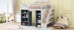 English Elm Full Size Loft Bed With Stylish Storage Cabinets, Privacy Curtain & Multi-Functional Design - White/Blue GX003006AAK