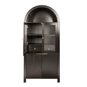 English Elm 71" Fluted Tall Arched Pantry Cabinet with Tempered Glass Door, Adjustable Shelves, Silent Drawer, Anti-Tip Safety and Stylish Metal Handles for Kitchen Living Dining Black W2917P384705