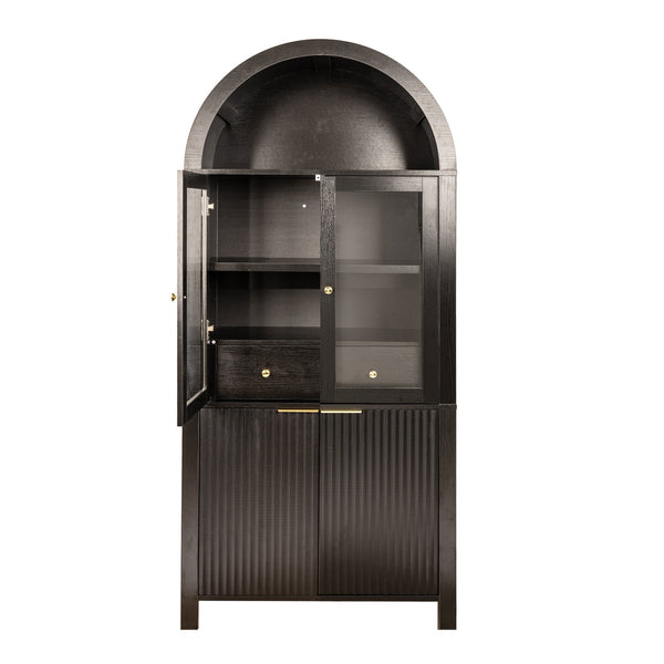 English Elm 71" Fluted Tall Arched Pantry Cabinet with Tempered Glass Door, Adjustable Shelves, Silent Drawer, Anti-Tip Safety and Stylish Metal Handles for Kitchen Living Dining Black W2917P384705